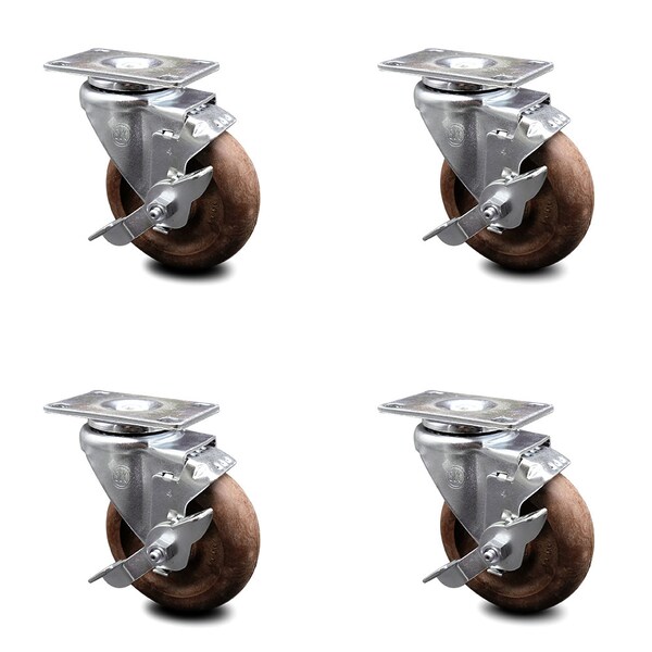 4 Inch High Temp Glass Filled Nylon Wheel Swivel Top Plate Caster Set with Brake